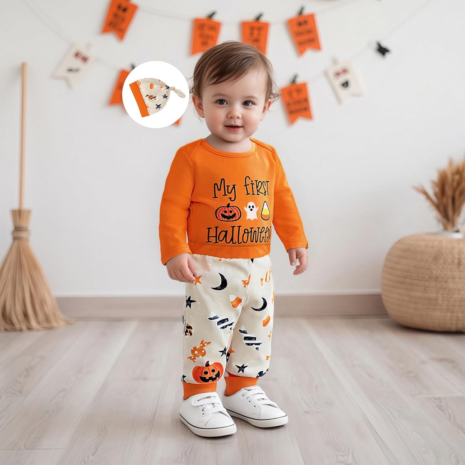 My First Baby Boy Halloween Outfit Newborn Pumpkin Ghost Embroidery Romper Bodysuit Pants Hat Set 3cps Clothes - Image 4