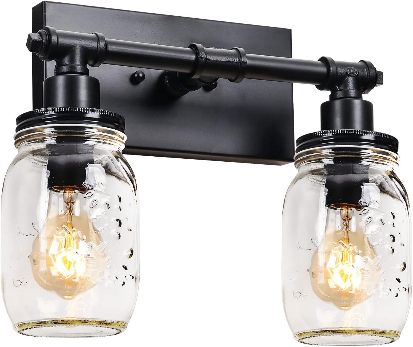 2 Light Bathroom Vanity Light Black Bathroom Light Fixture, Industrial Farmhouse Wall Sconce with Glass Shades, Mason Jar Vanity Light Fixture, Pipe Wall Lamp for Mirror Bedroom Hallway Living Room