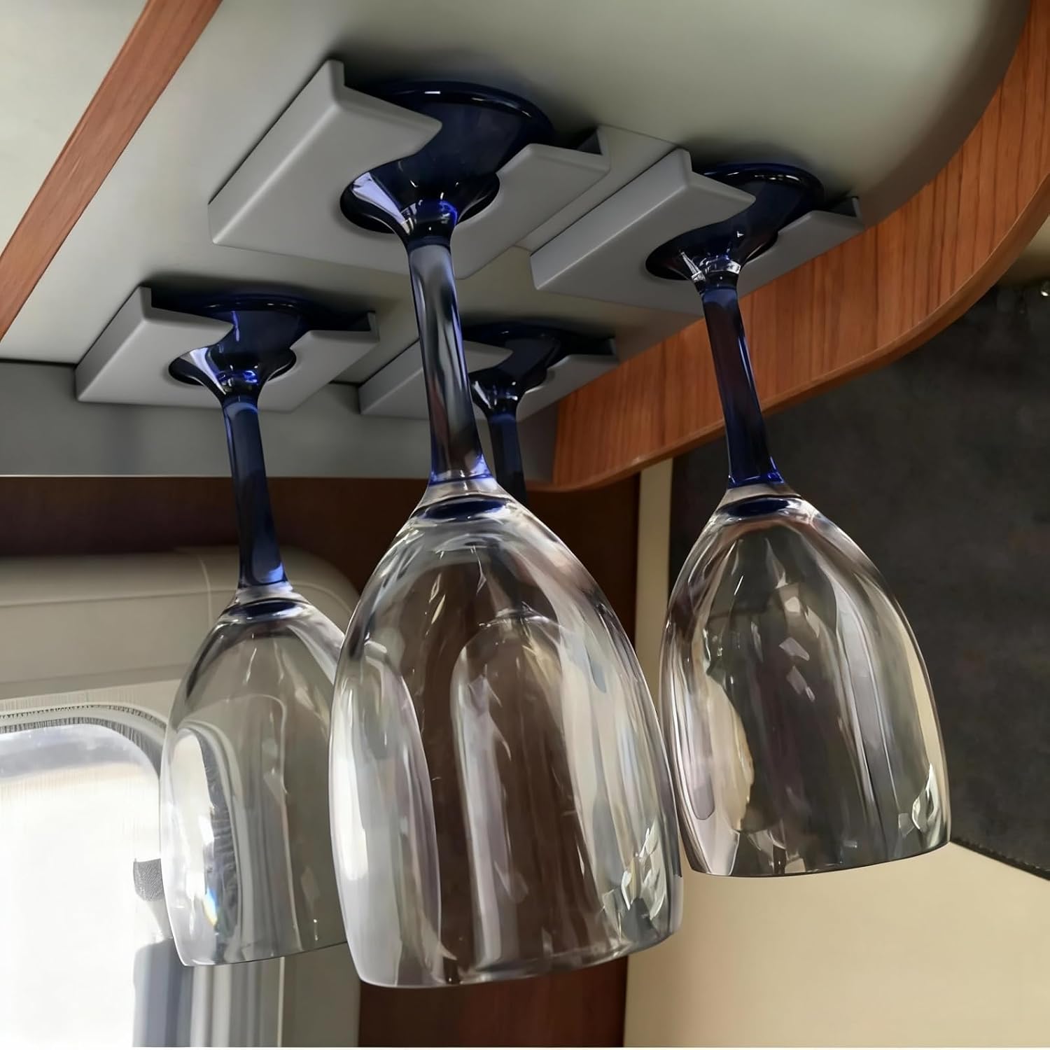 RV Wine Glass Holder for Campers, Ceiling Mount Stemware Rack with 3M Adhesive, Under Cabinet Storage Solution for Motorhomes, Van Conversions, Travel (4, Gray)