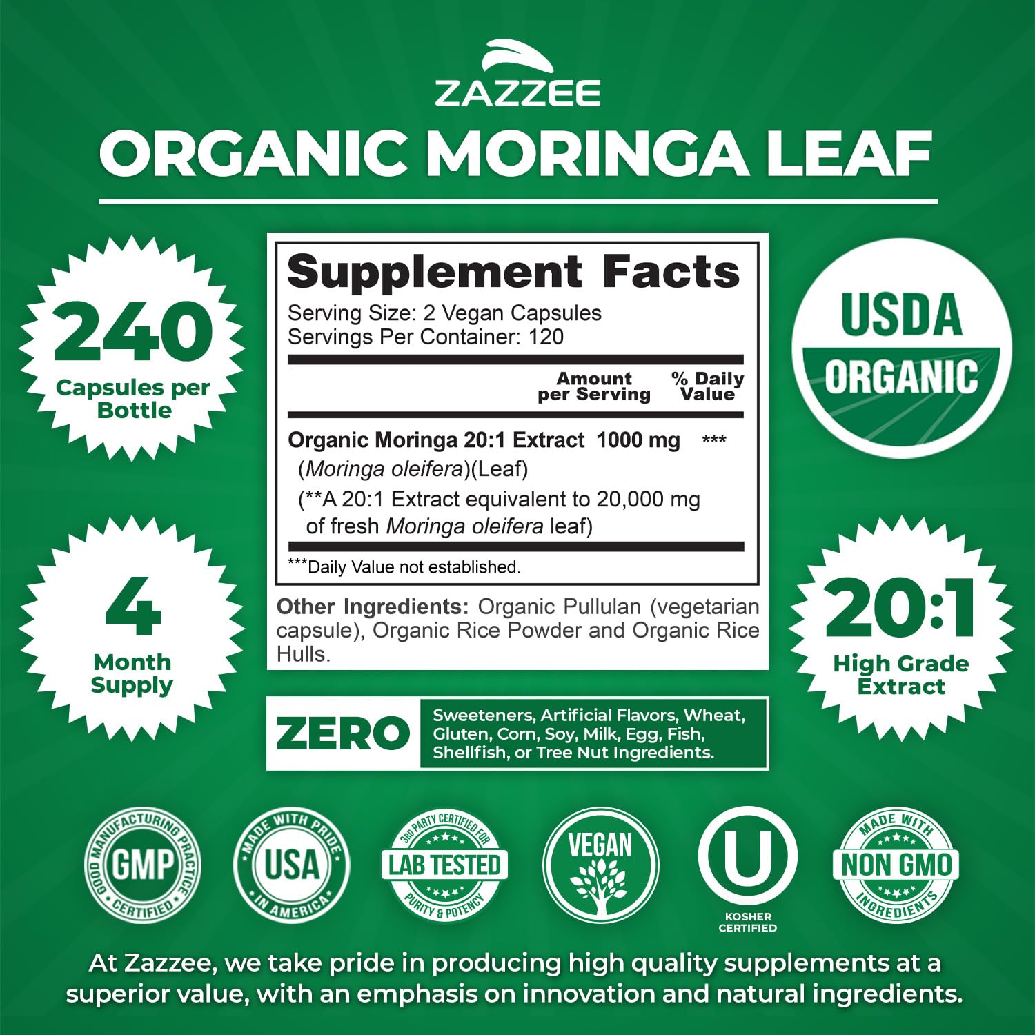 Zazzee USDA Organic Moringa Leaf 20:1 Extract, 240 Vegan Capsules — Amazon image 3