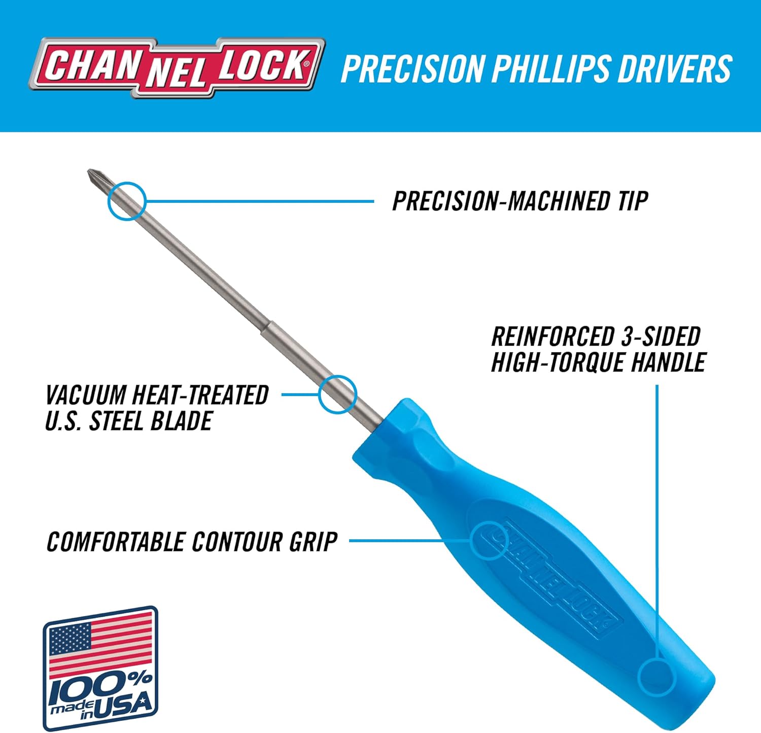 Channel lock Phillips Screwdriver P030H - Precision Machined, Non-Magnetic, Tri-Lobe Grip - #0 x 3 In.