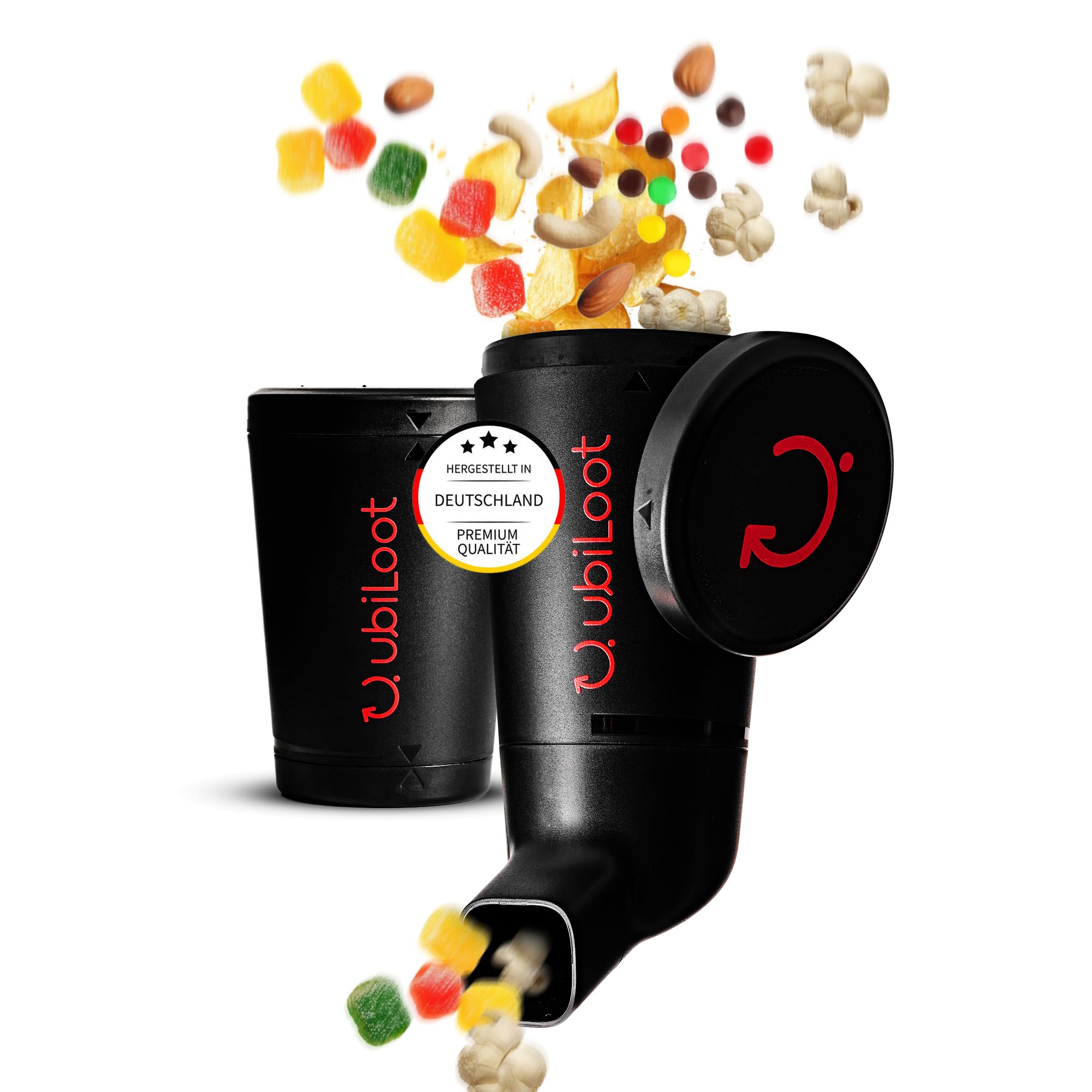 Ubiloot Snackspender - Snacken ohne fettige Finger, Made in Germany | 485 ml, BPA-frei, einhändig bedienbar, für M&Ms, Nüsse und Gummibärchen, Geschenkidee für Gamer