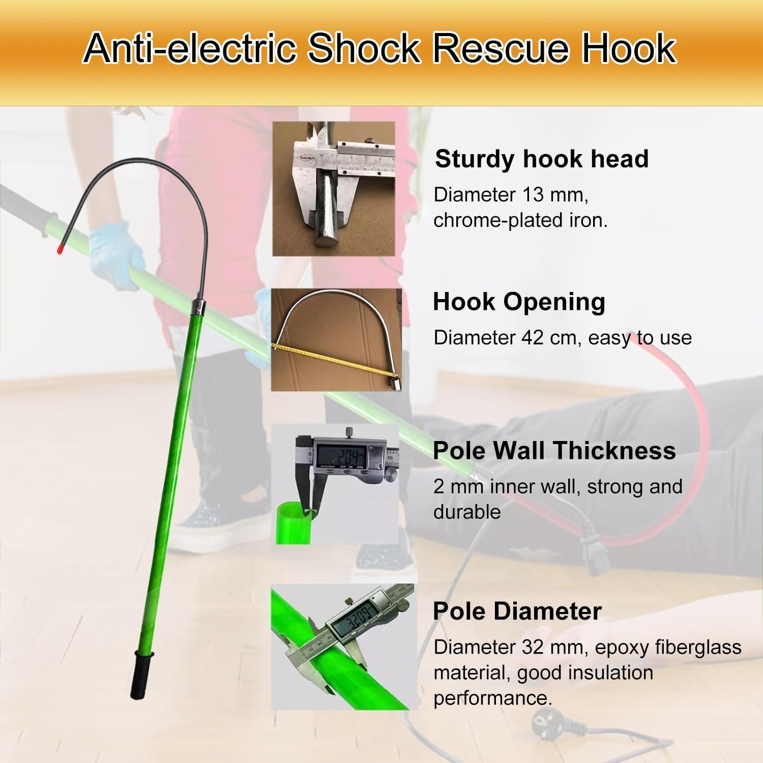 Electrical Safety Tool Insulated Rescue Hook, High Voltage Insulated Rescue Hook, Detachable Insulating Rescue Hooks, Epoxy Insulated Pole Safety and Defense (Red 3m/9.8ft)