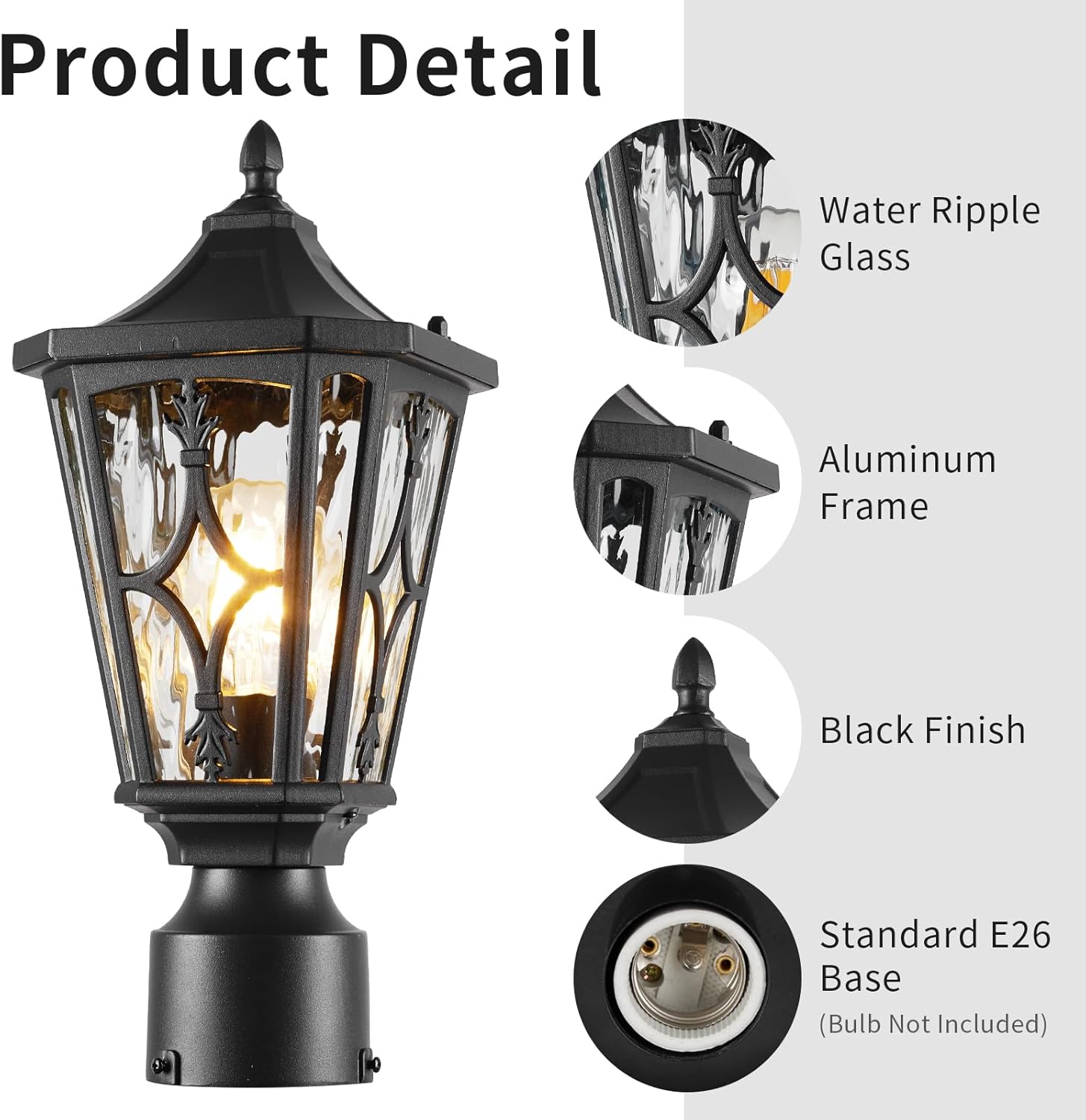 JYZ Outdoor Post Lights Lamp Post Light Fixture, 14'' Pole Lantern with E26 Base 60W Max & Waterproof Aluminum Housing Plus Water Ripple Glass, Fence Post Deck Lighting for Garden, Patio, Pathway