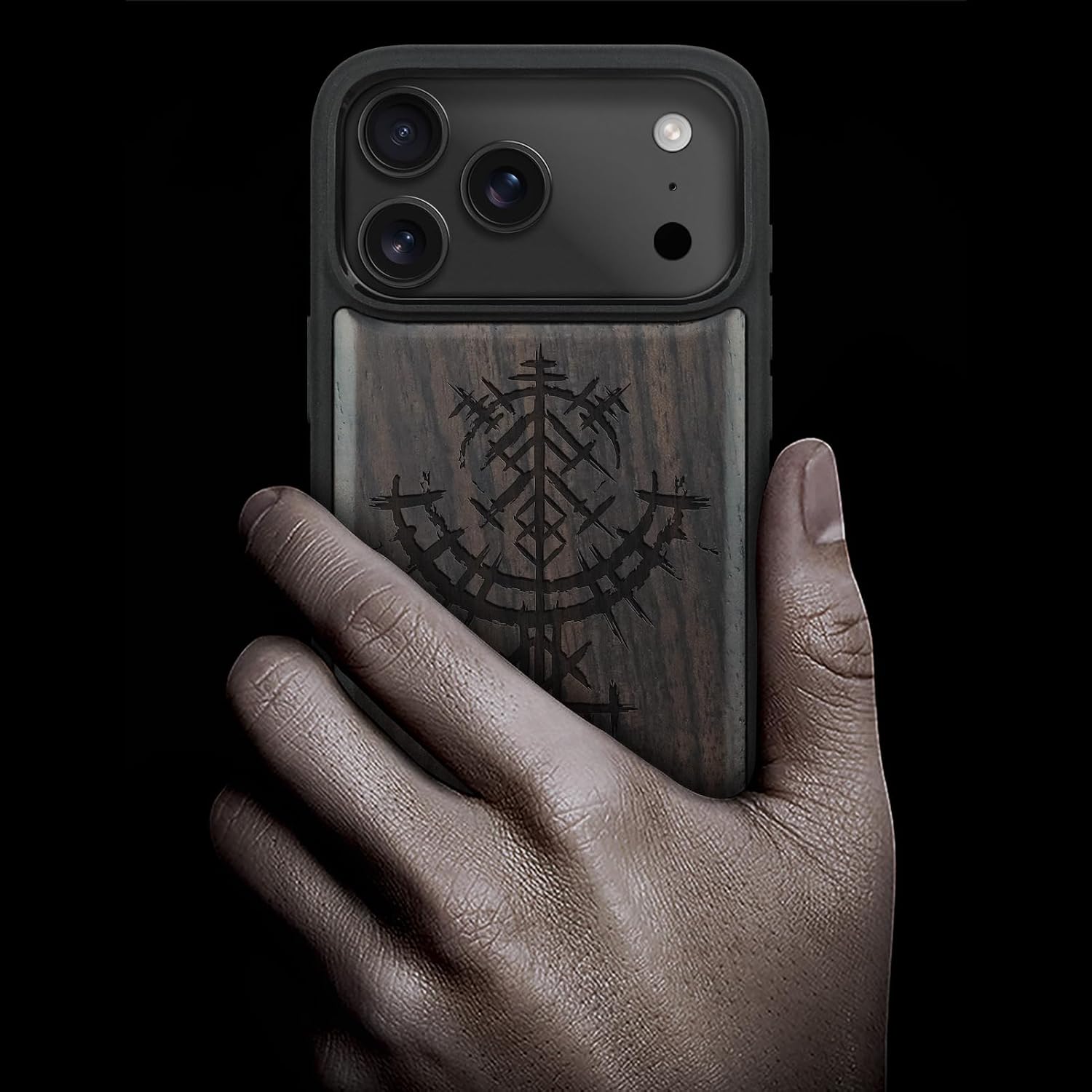 Carveit Magnetic Wooden Case for iPhone 17 Pro Max Case, Wood Artisan Engraved & Black Soft TPU Shockproof Cover, Compatible with MagSafe Wireless Chargers (Viking Symbols) Blackwood