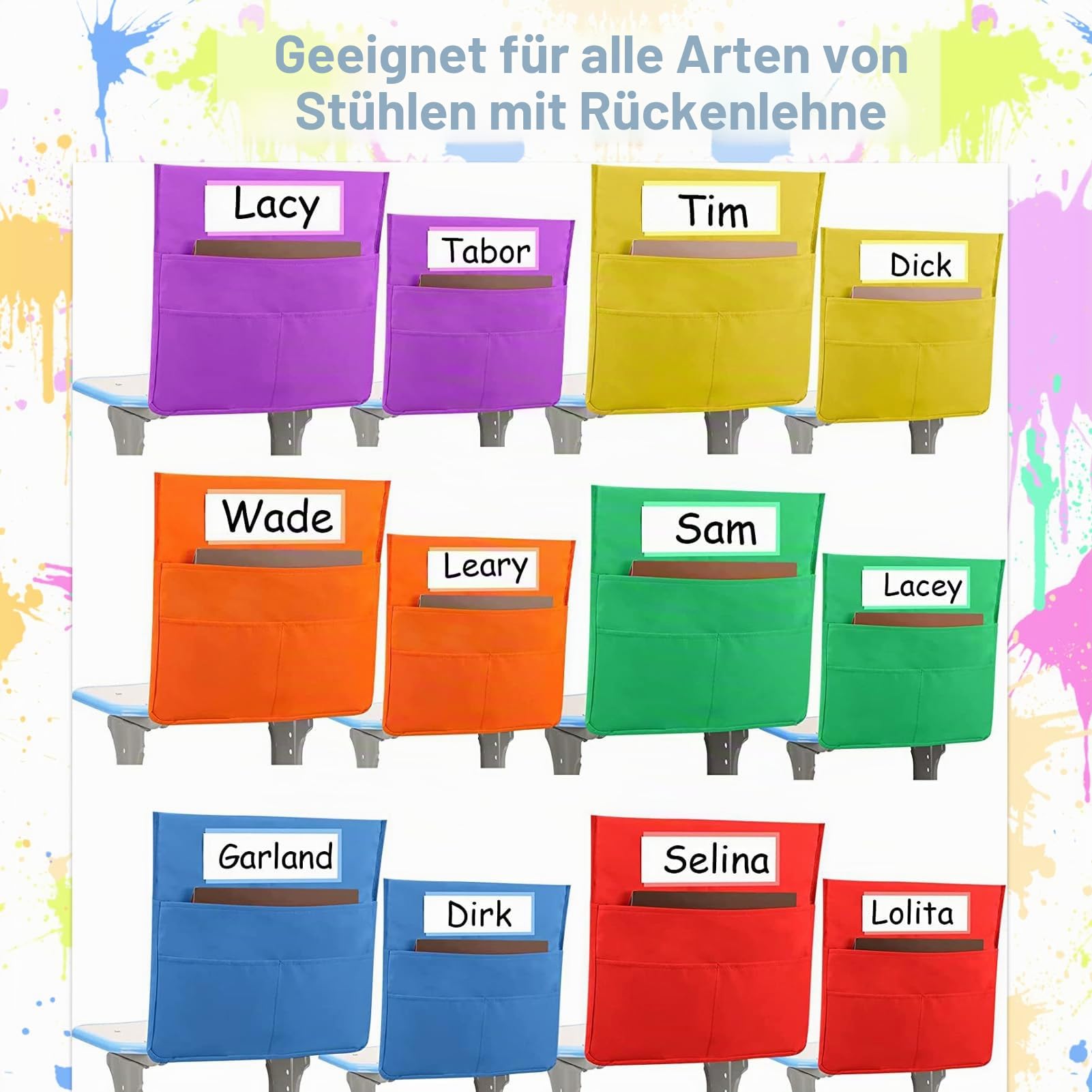 12 Stück Stuhl Organizer für Schule, 40 x 46 cm Stuhltaschen für Klassenzimmer Sitz, Stuhl Aufbewahrungstasche Stuhllehnen Taschen mit Namensschildern für Kindergarten, Schule, Zuhause, 6 Farben