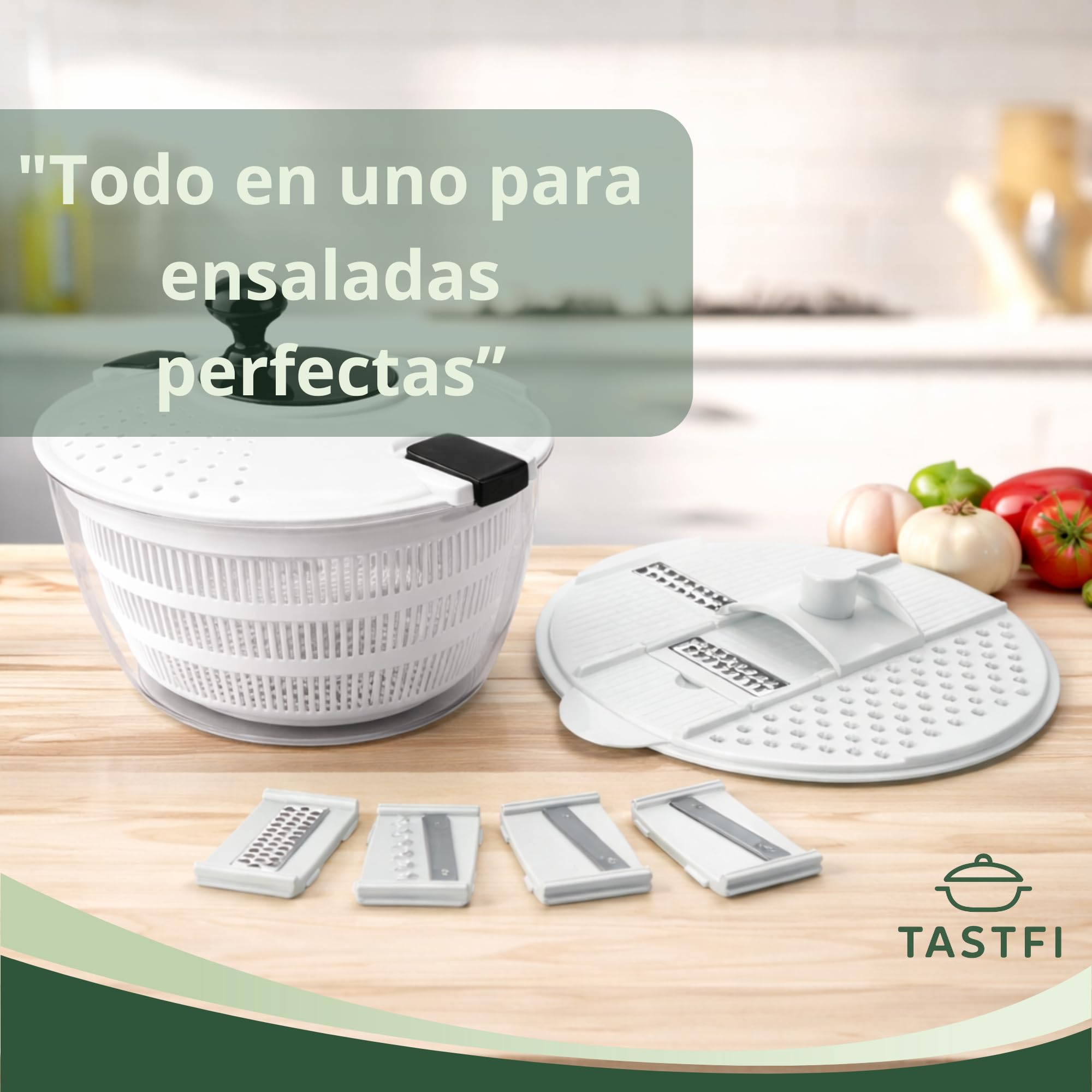 TASTFI - Centrifugadora de Lechuga 5L,Escurridor de Ensalada con Base Antideslizante, Secador de Lechuga BPA Free con Colador y Bol, Incluye Tapa con Cortador de Verduras y 6 Cuchillas Intercambiables — view 6
