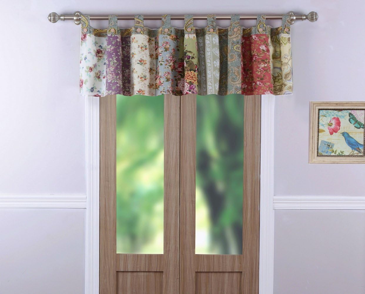 Country Cottage Floral Print Flowers Patchwork Pattern Yellow Blue Green Tab Top Window Treatment Valance