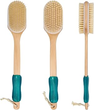 OWIIZI Back Scrubber for Shower with Soft and Stiff Boar Bristles Dual-Sided Wooden Long Handle Antiskid Body Bath Brush for Back Use Wet or Dry,Deep Cleanse Large Surface Back Scrub Brush