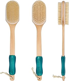OWIIZI Back Scrubber for Shower with Soft and Stiff Boar Bristles Dual-Sided Wooden Long Handle Antiskid Body Bath Brush for Back Use Wet or Dry,Deep Cleanse Large Surface Back Scrub Brush