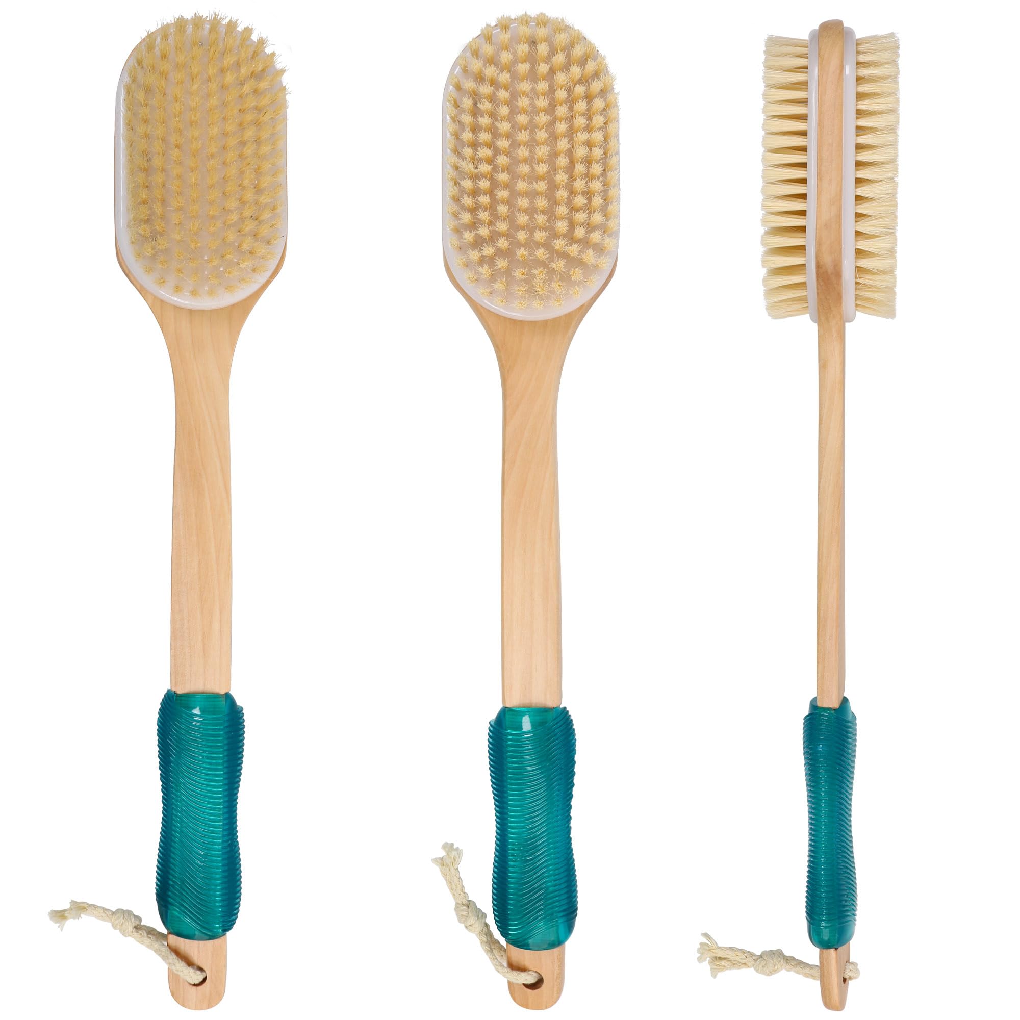 OWIIZI Back Scrubber for Shower with Soft and Stiff Boar Bristles Dual-Sided Wooden Long Handle Antiskid Body Bath Brush for Back Use Wet or Dry,Deep