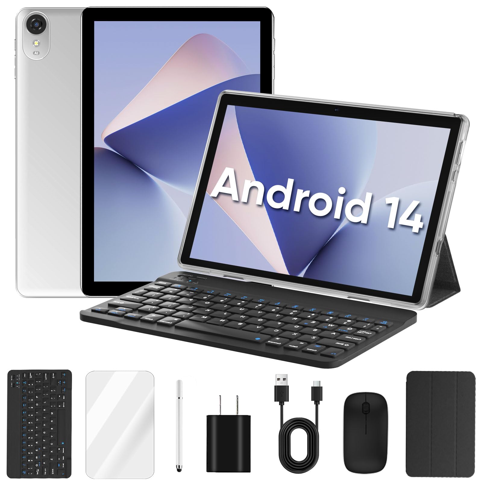 10 inch Android 14 Tablet, 6GB+64GB 1TB Expand, 2 in 1 Tablets with Keyboard, Case, Mouse, Stylus, 1280x800 IPS Touch Screen, 2.0GHz Quad-Core, WiFi 6, Bluetooth5.0, Dual Camera (Silver)