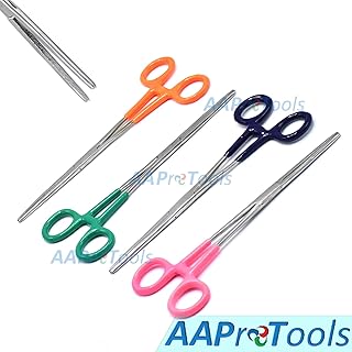 AAProTools Pack of 4 Assorted Color PVC Grip Handle German Grade Stainless Straight Tip Hemostat Forceps Pliers Full Serrated 8