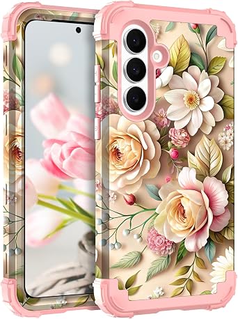 TEECOVER Heavy Duty Case for Samsung Galaxy S25 FE, Rose Gold Flowers