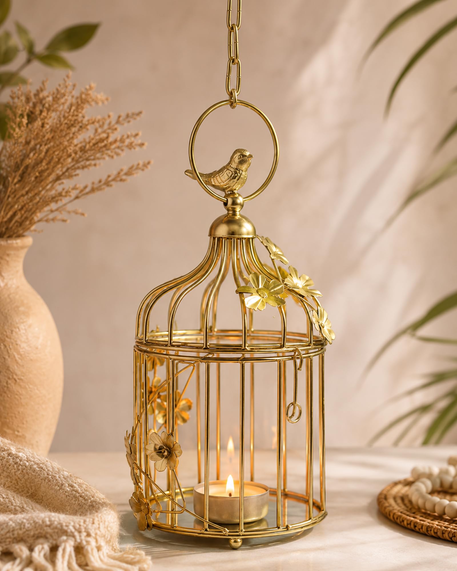 Homesake® Golden Candle Cage with Floral Vine Small Single, with Hanging Chain,Decorative Tealight Candle Holder-image-31