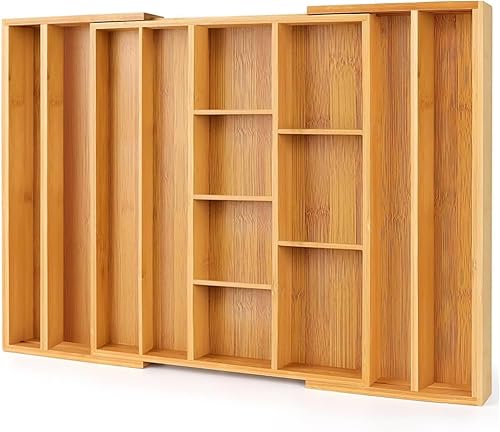 Organizador de cajones expandible de bambú de alta calidad organizador de cajones de cocina expandible y bandeja de utensilios con divisores,