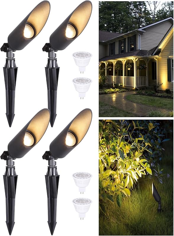 LEONLITE Paquete de 4 focos de paisaje de 9 pulgadas con bombillas MR16 de 7 W 3000 K | Iluminación LED de bajo voltaje para exteriores, 12V, base GU5.3 máxima de 50W, iluminación ascendente de aluminio fundido a presión para jardín, árbol, patio, negro