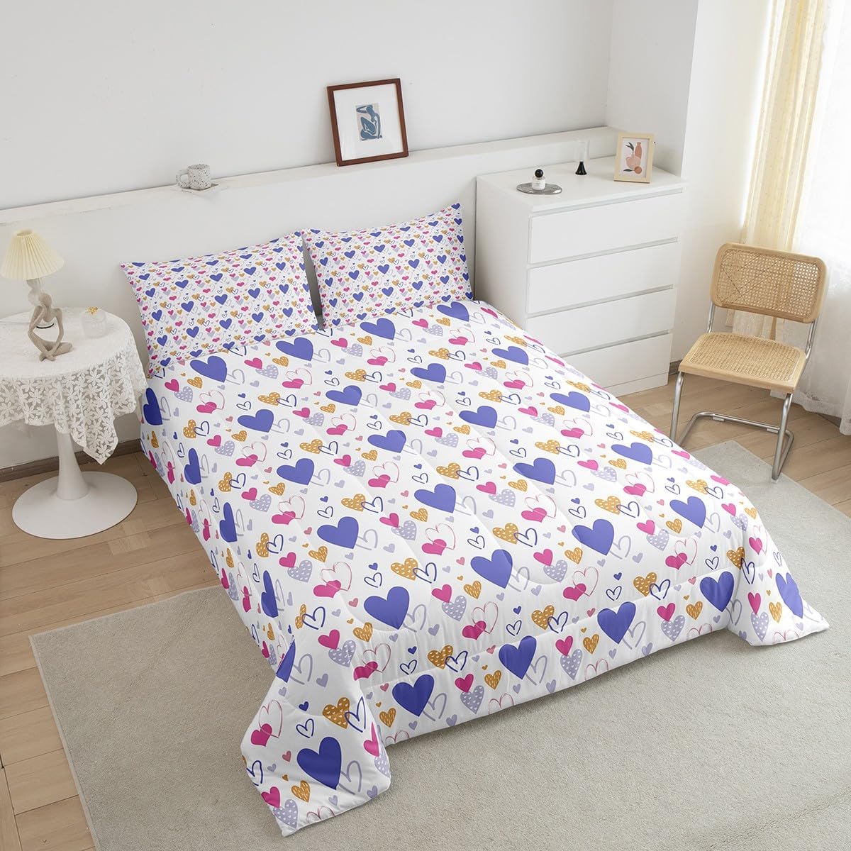 Castle Fairy Simple Love Comforter,Blue Pink Gold Bedding Set for Kids Girls Boys,Teens Adults Cute Heart Comforter,Cartoon Quilted Duvet Set Bedroom Collection Twin Size 2Pcs