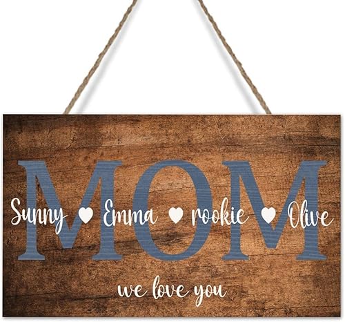 Miniatura 5 de Letrero personalizado con texto en inglés Mom We Love You con nombres de niños, placa de madera para decoración del hogar, placa personalizada con