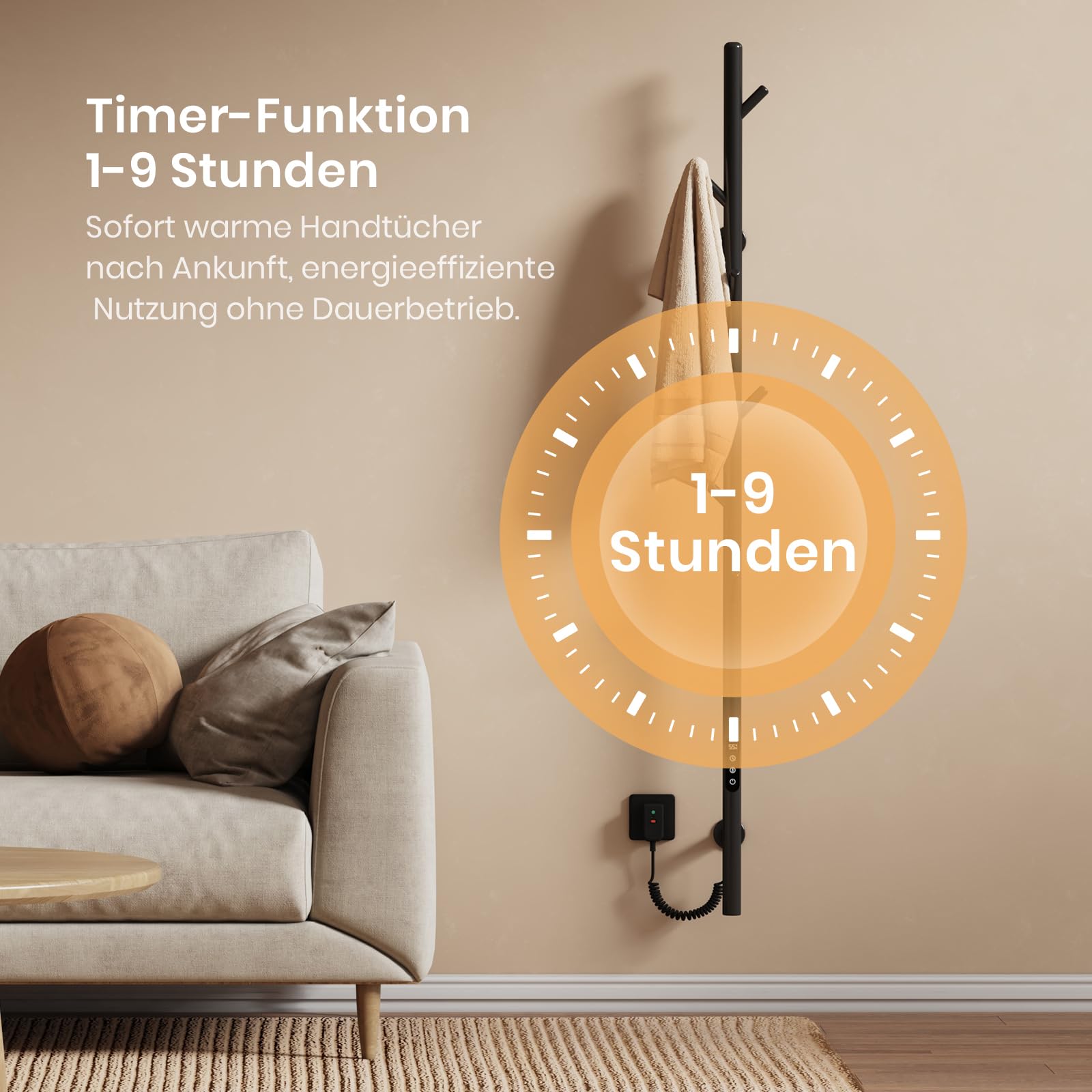 EMKE Handtuchheizkörper Elektrisch, Design Elektrischer Handtuchtrockner mit einer Stange, Intelligenter Einstellbare Temperatur Badheizkörper Handtuchhalter, Handtuchwärmer mit 6 Haken Schwarz