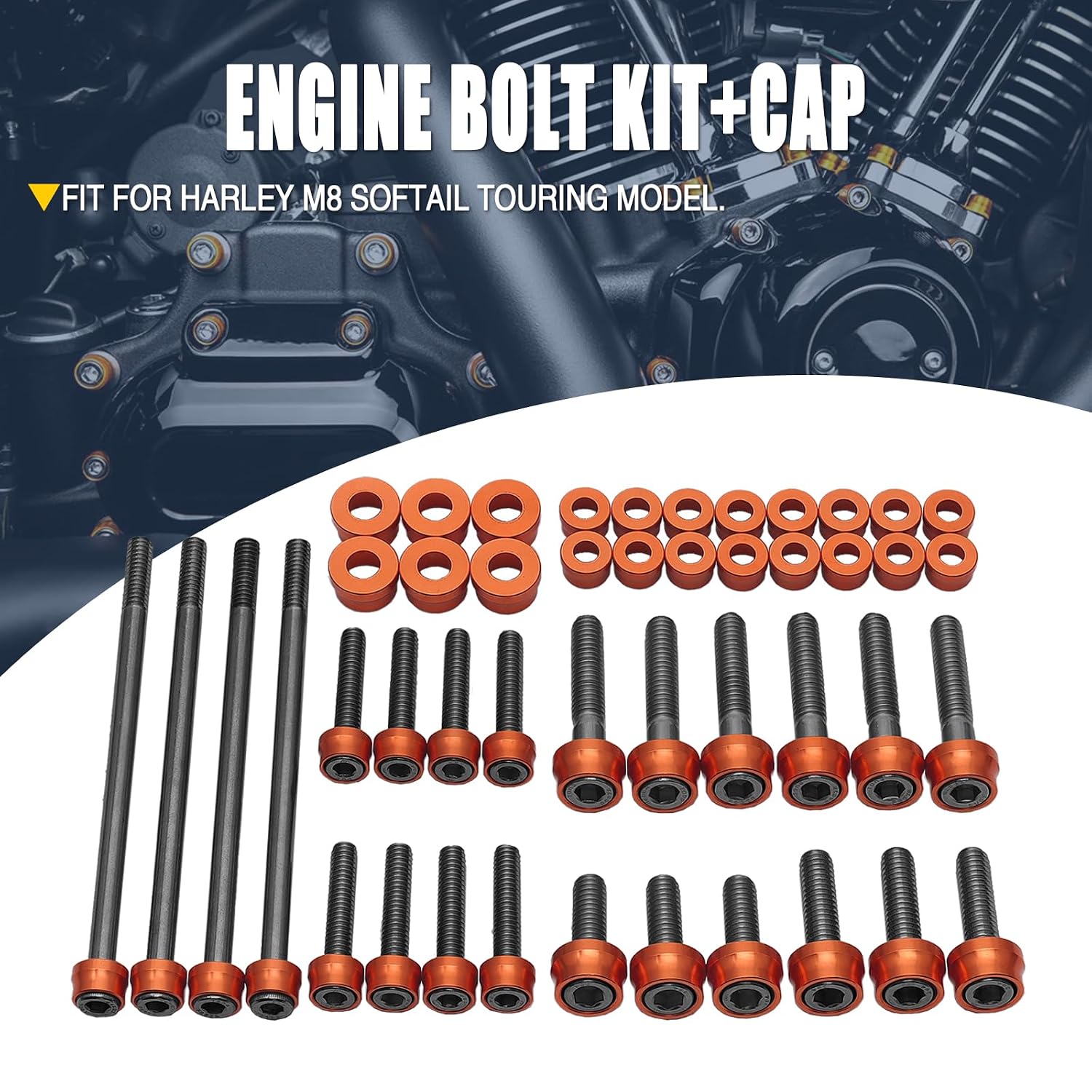 Motorcycle Bolt Covers Caps Engine Bolt Kit Fit for Harley 2017-2025 Touring Road King Street Glide Road Glide Electra Glide 2018-2025 Softail Fat Boy FXBB Breakout 114 FXLRS (Orange)