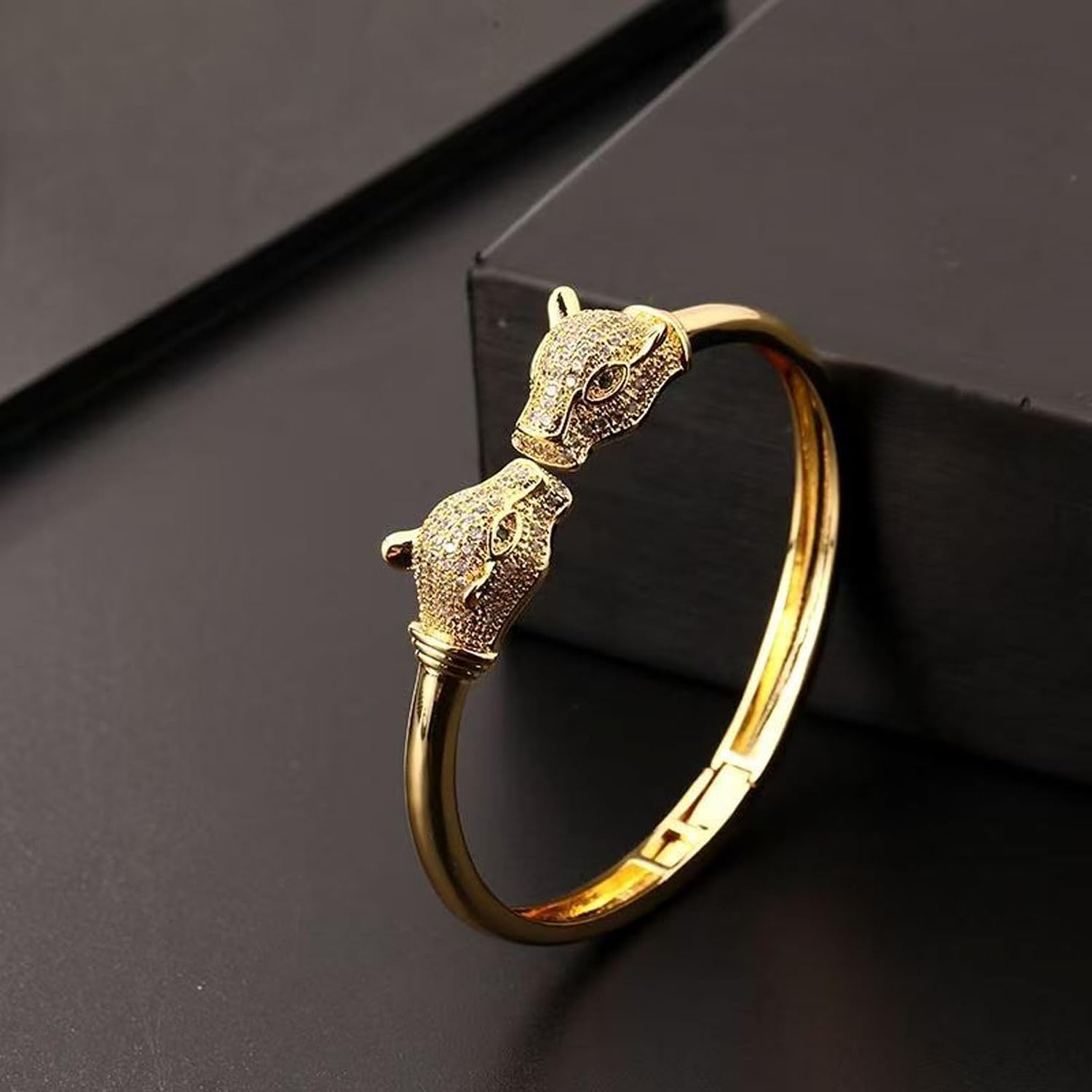Fierce Leopard Head Cuff Bracelets for Women, Gold Tone Copper Alloy Zirconia Animal Bangle for Daily Wear Fashion Accessories Jewelry Gift for Ladies