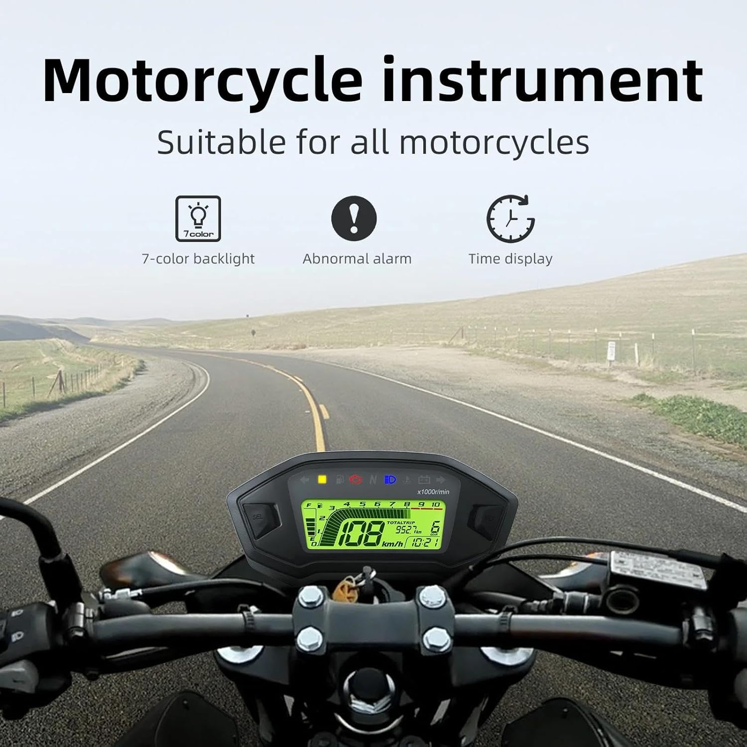 KAOLALI Motorcycle Speedometer Tachometer Universal 13000rpm LCD Digital Odometer Gauge Adjustable 7 Colors for 2,4 Cylinders