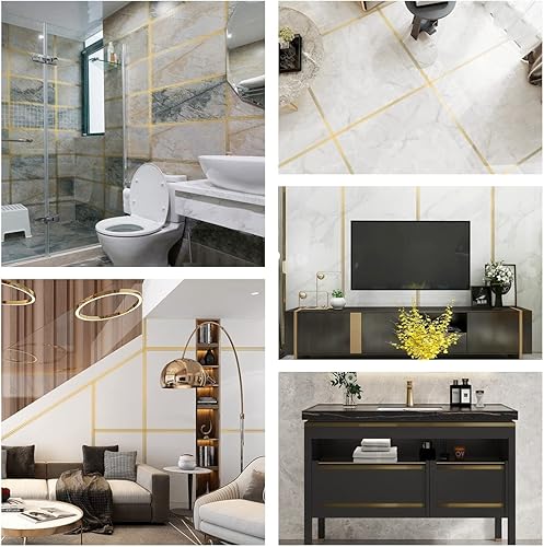 Miniatura 8 de Adhesivos de tira de azulejos de papel de aluminio dorado de 1 pulgada x 16.4 pies, cinta de sellado de línea de costura autoadhesiva para muebles
