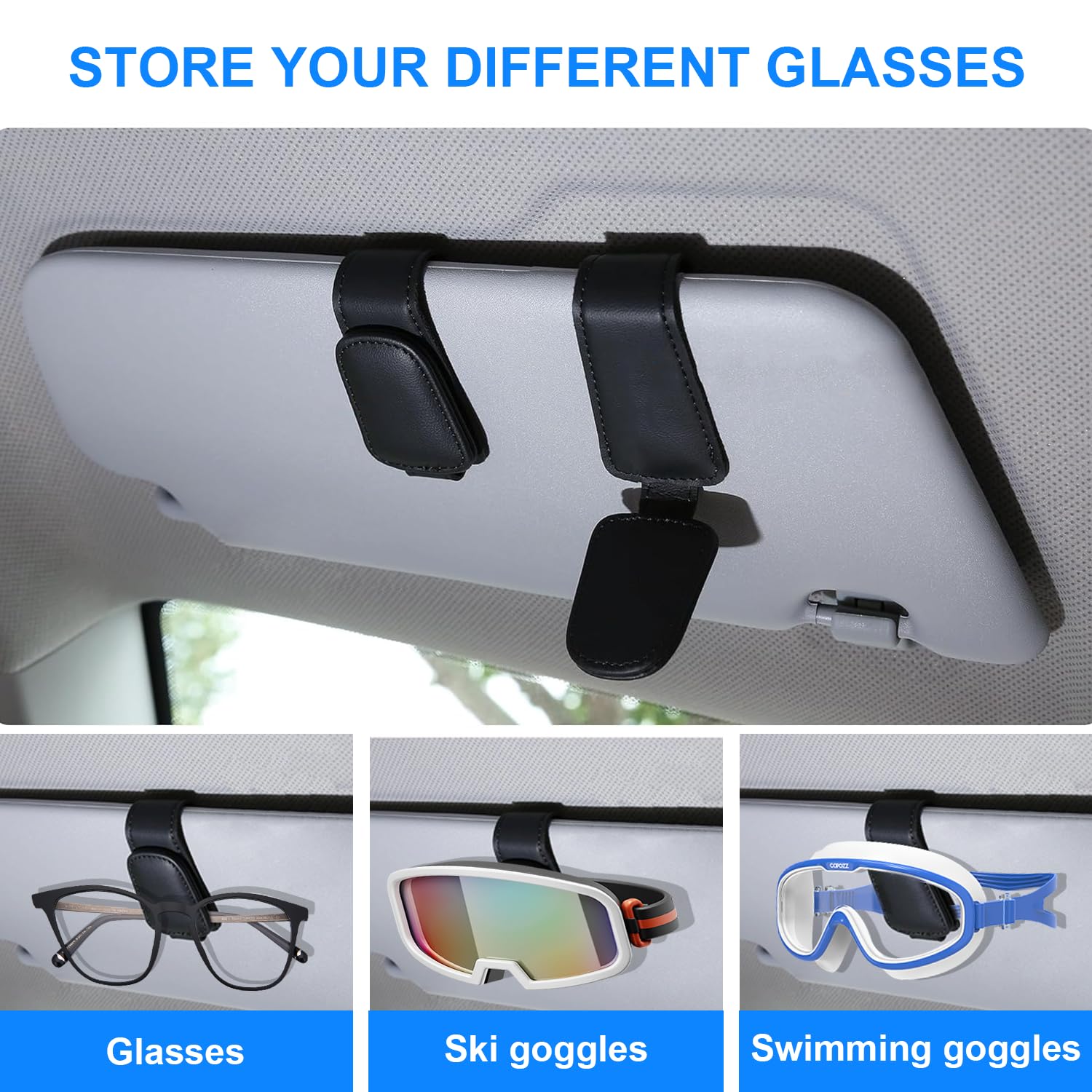 CuoiArte Sunglasses Holder for Car Visor, Car Universal Sunglasses Clip with Magnetic Leather, Shockproof Glasses Holder with Elasticity Easy to Access Classic Black