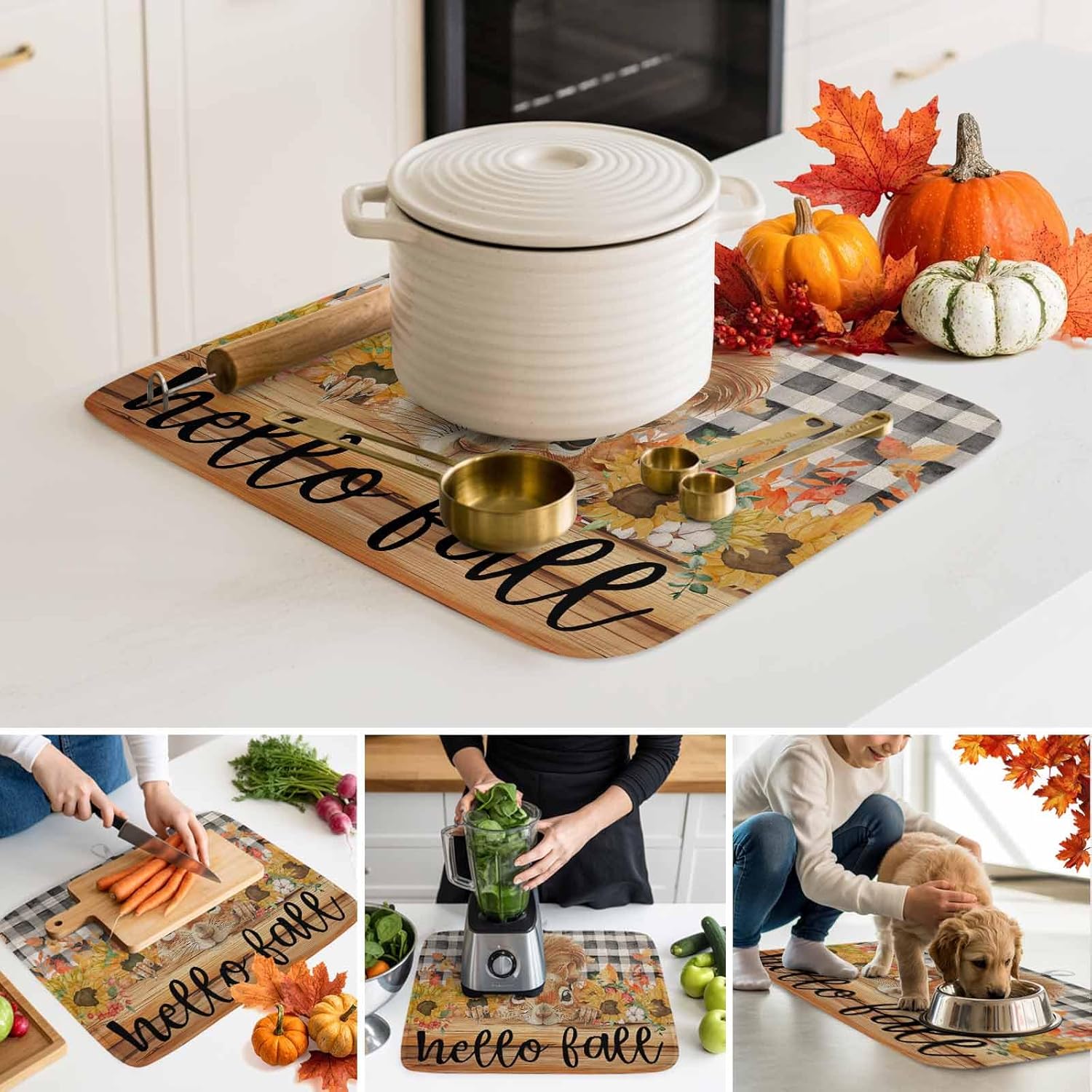 Squirrel Sunflower Autumn Thanksgiving Dish Drying Mats for Kitchen Counter,Absorbent Microfiber Dish Drainer Rack Mat Buffalo Check Retro Wooden Drying Pad for Sinks,Utensils,Countertops,18x24in