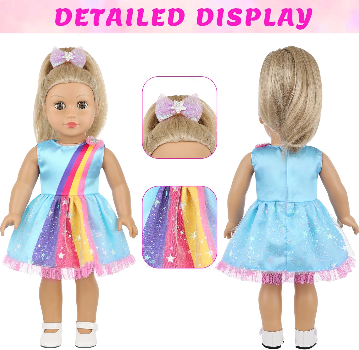 ECORELF 18 Inch Amercian Doll Clothes, 2 Set Girl Doll Clothes and Accessories for 18 Inch Dolls 7 Pcs Include Dress, Hair Clip , Phone, Shoes, Sticker, Top and Mini Skirt