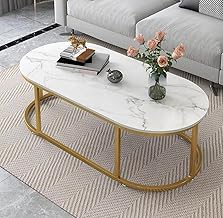 Modern Oval Coffee Table, Centre Table, White Marble MDF Top with Gold Metal Base, Living Room Furniture