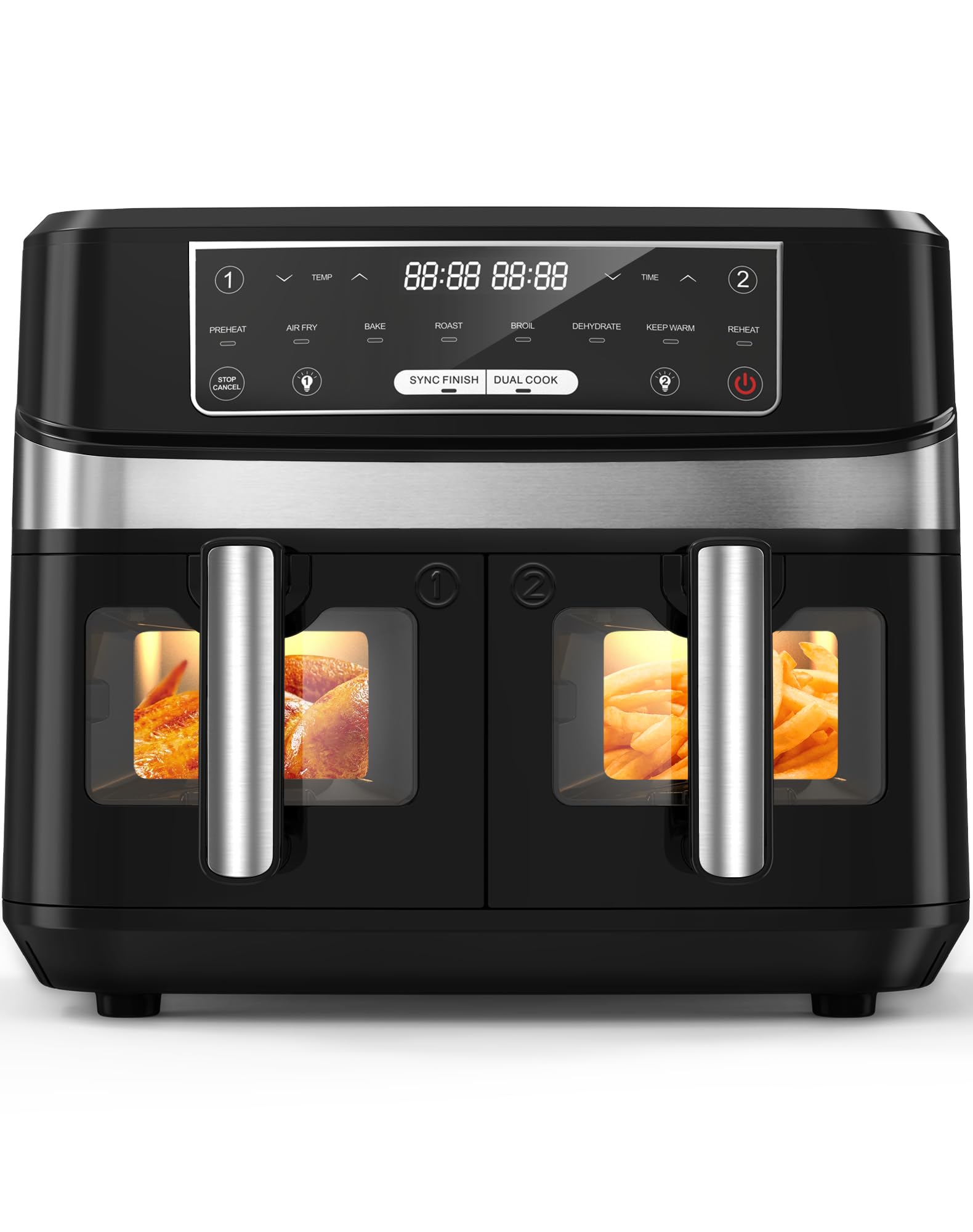 Freidora de Aire con Doble Cesta 10L, Grande Air Fryer con Ventana Visualizada, 8 en 1 Preajustes de Cocción con 2 Cajones 5L, 2600 W de alta potencia para una cocción rápida, Apto para lavavajillas