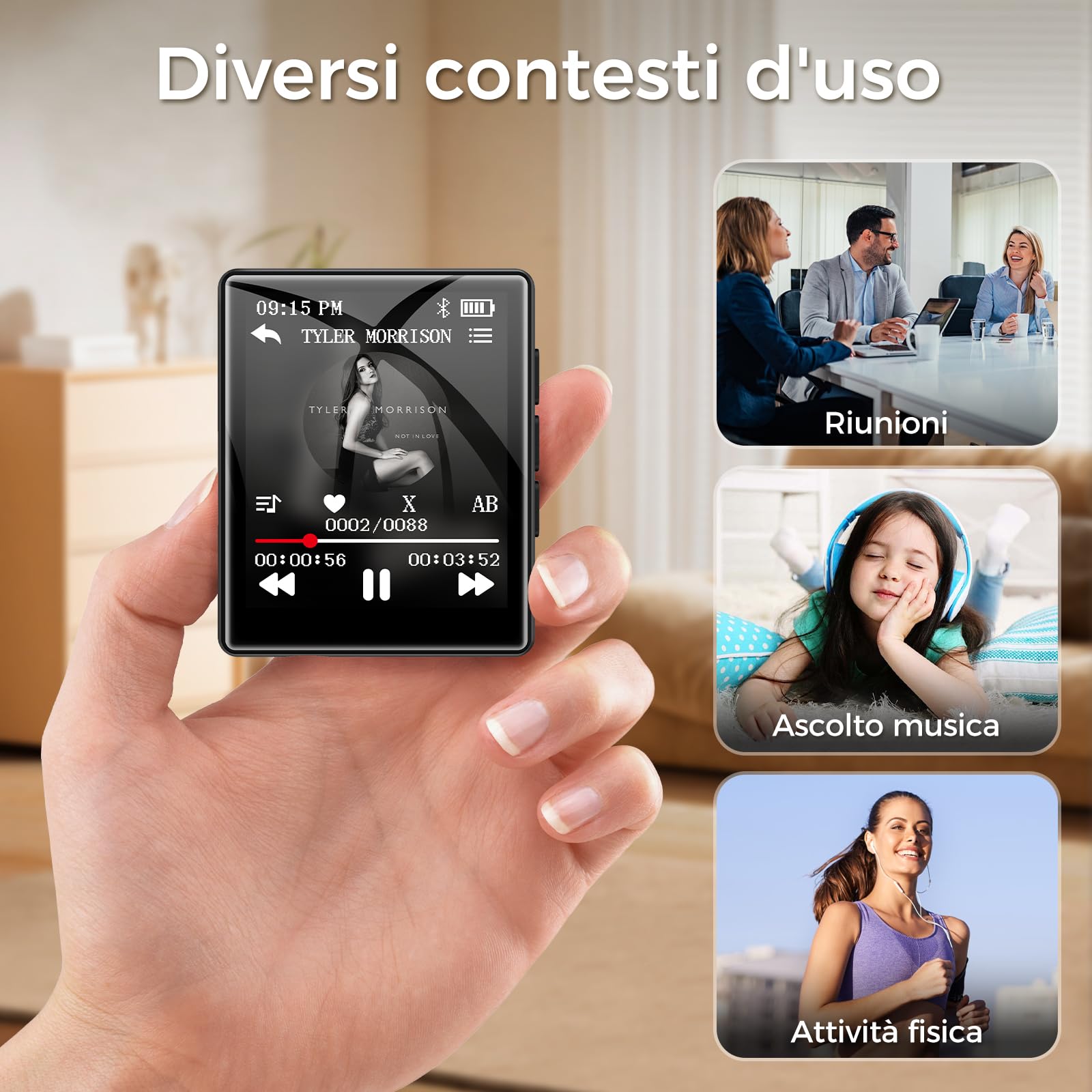 64GB Lettore MP3 con Bluetooth 5.3, lettore MP3 con touchscreen da 1,8 pollici e altoparlante, suono HiFi, radio FM, ebook, registratore, mini lettore musicale, fino a 128GB (nero, solo 55g)
