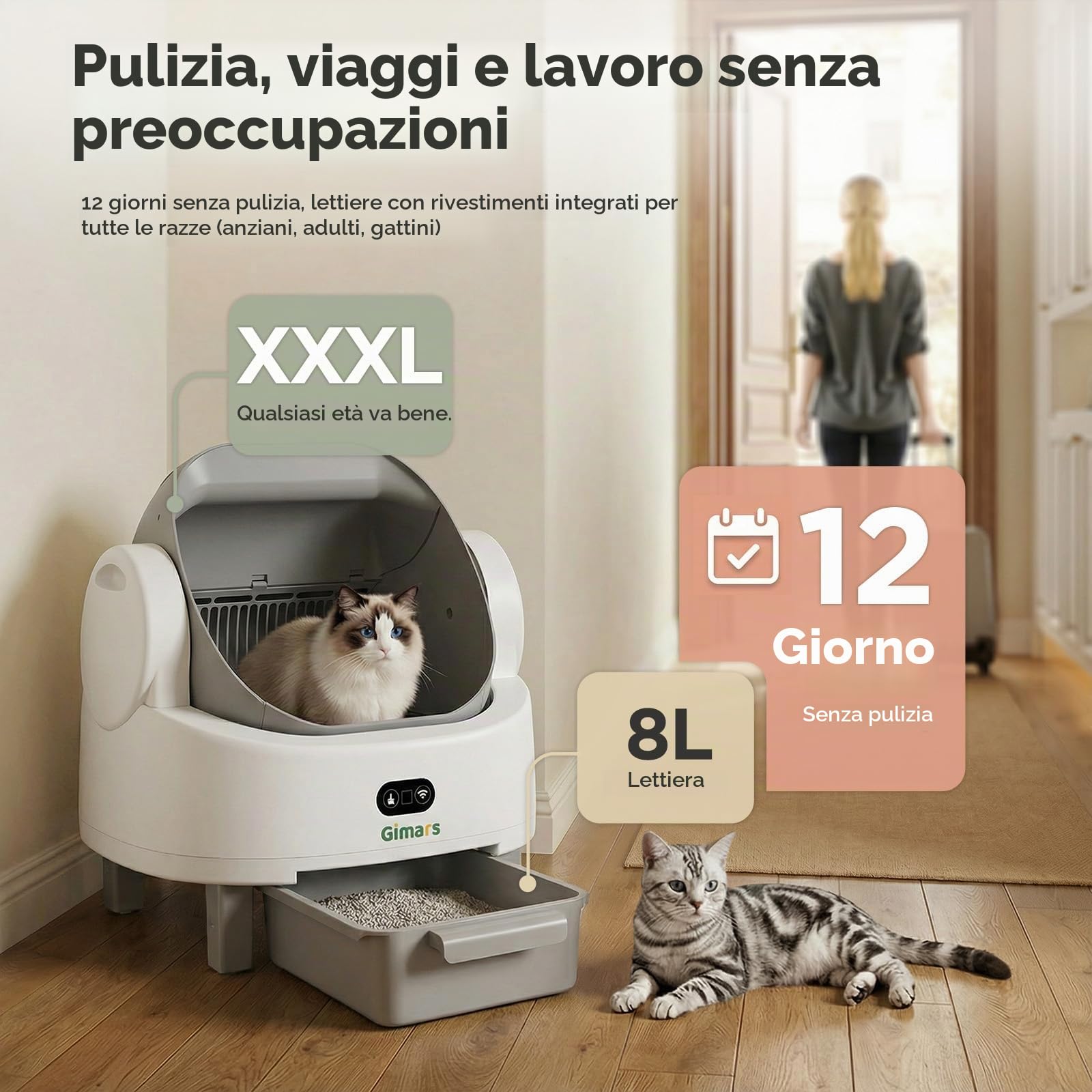 Gimars Lettiera autopulente dal design aperto, per più gatti e gatti anziani, controllo tramite app con sensori di sicurezza, basso odore, include sacchetti della spazzatura e tappetino, bianco con
