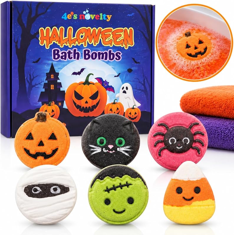 4E's Novelty Conjunto com 6 bombas de banho temáticas de Halloween, modelos Frankenstein, aranha, milho doce, múmia, abóbora e gato preto