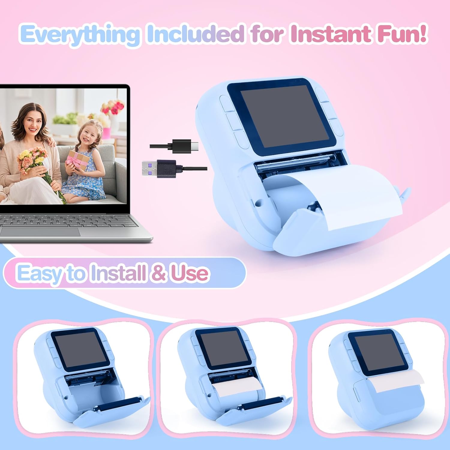 Kids Camera Instant Print with Color & Black-White Printing, 1080P HD Digital Selfie Camera for Children, 32GB, 2.4" Screen, 16X Zoom, Games, MP3 for Boys Girls Ages 3-12 (Blue)