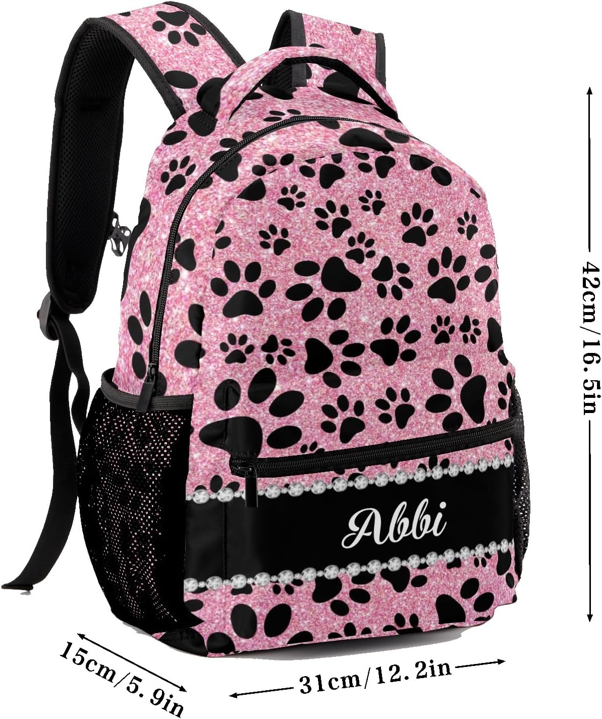 Custom Kid Backpack, Dog Paw Pink Glitter Print Personalized School Bookbag with Your Own Name, Customization Casual Bookbags for Student Girls Boys