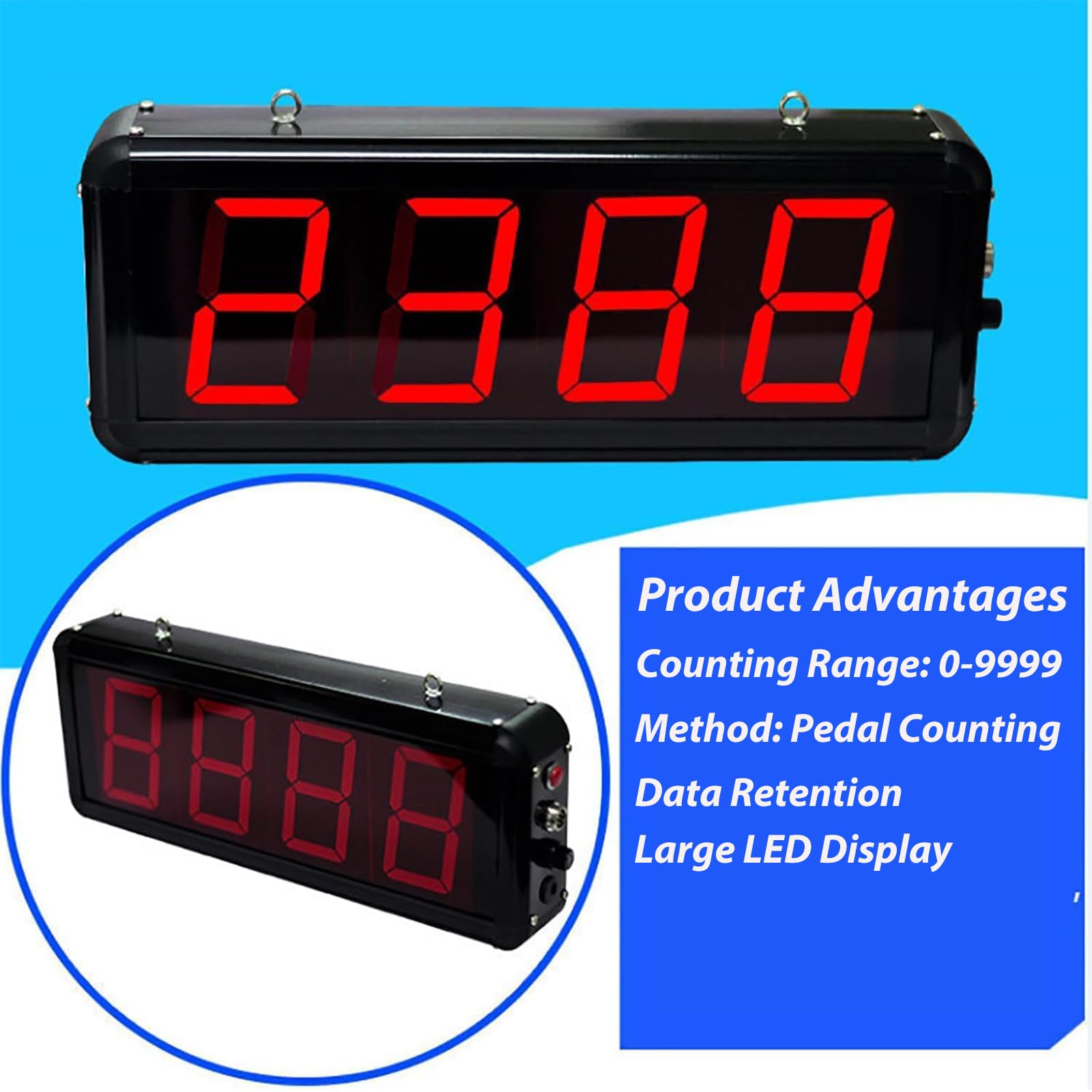 Contatore elettronico digitale con display rosso a 4 cifre e pedale, conteggi 0-9999, ideale per negozi, scuole e fabbriche