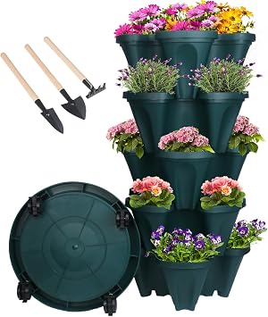 GameXcel Vertical Planter Tower- 5 Tier Stackable Garden Planter with Wheels and Tool Set Grow Strawberries Herbs Flowers and Vegetables - Indoor Outdoor Use Green