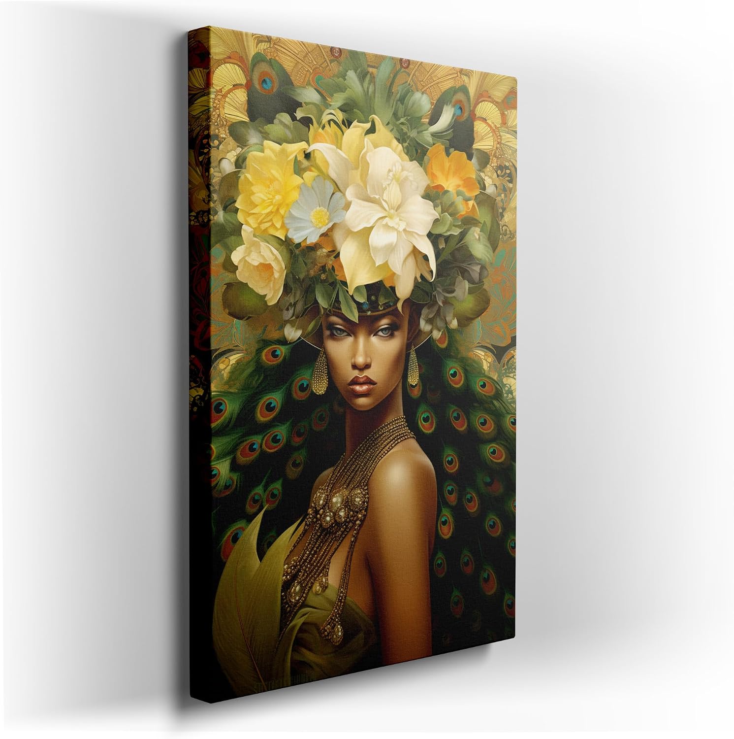 Canvas for Living room. Emerald Tresses and Regal Adornments: A Glimpse into the Artistry of Digital Fashion Number 2, 27 x 18 inch Canvas Wall Art - Expansive Panoramas - Modern Home Decor
