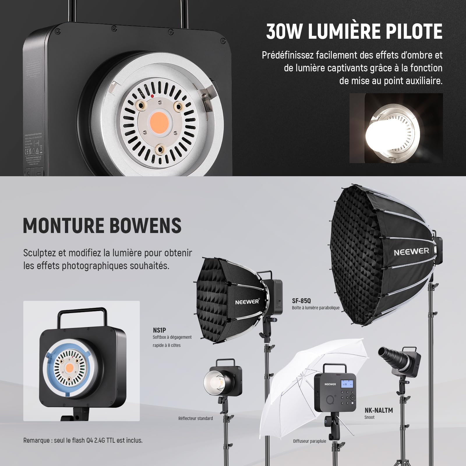 NEEWER Q4 400W Flash Stroboscopique 2.4G TTL Déclencheur QPRO-C Compatible avec Canon 1/8000HSS/30W Lampe Modélisation/400 Pleine Puissance/0,01-1,2s Recyclage pour Photographie de Mariage Extérieur