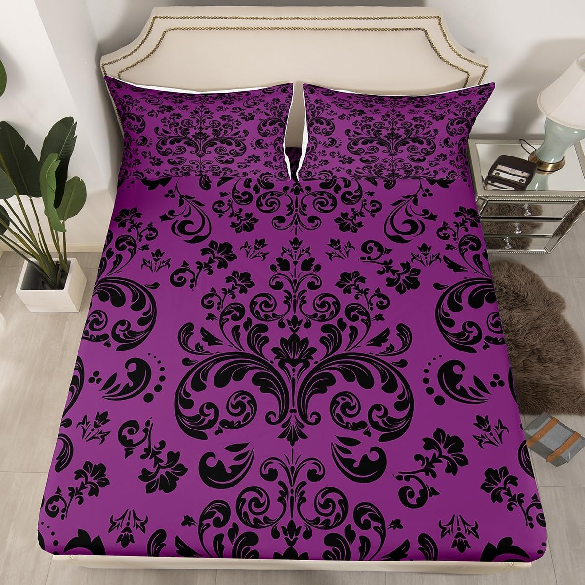 Erosebridal Adults Gothic Damask Fitted Sheet Full Black Purple Victorian Baroque Floral Bed Sheets for Men Women Bohemian Exotic Goth Bedding Set Vintage Flower Fitted Bed Sheets 2 Pillow Cases