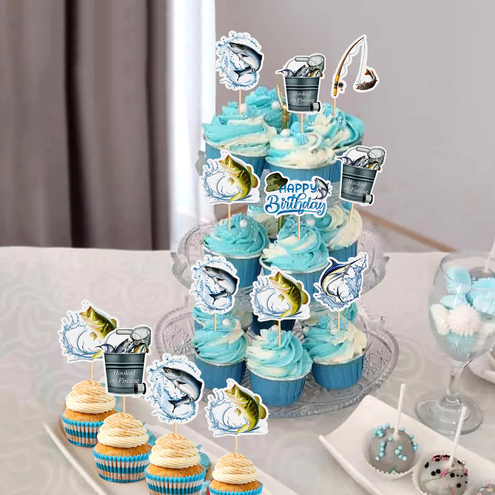 Topper per torta di buon compleanno del pescatore da 1 pezzo, tema esterno, decorazione per feste di pesca, decorazioni per torte, fornure per dolci, decorazioni per feste  15