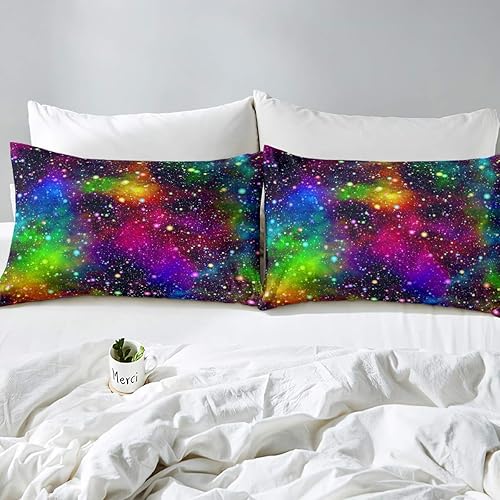 Miniatura 3 de Feelyou Juego de ropa de cama colorida de galaxia, universo del espacio exterior, juego de funda de edredón de nebulosa de estrella arcoíris para
