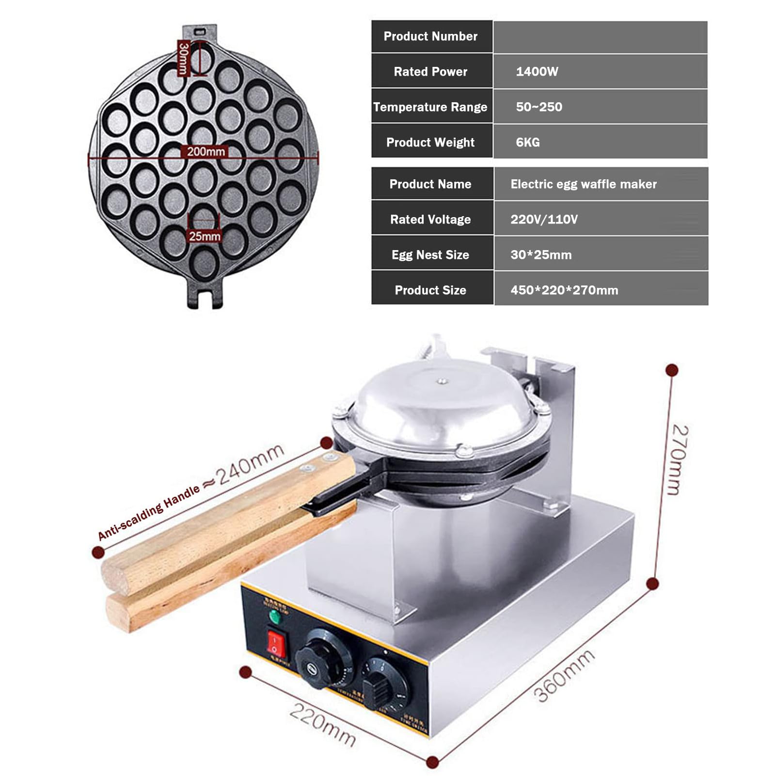 Bubble Waffle Maker de Estilo de Hong Kong 1400W,Placa de Horneado Intercambiable y Antiadherente,Maquina De Gofres Gofrera Profesional Waffle Bubbles para Restaurante(Size:Cabeza única)