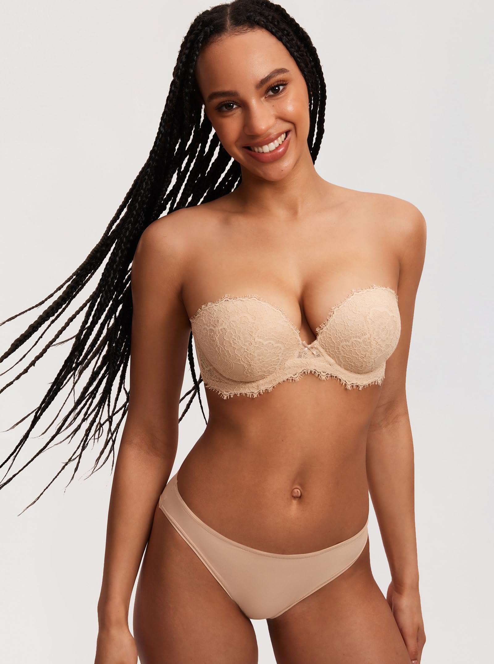 DOBREVA Soutien Gorge sans Bretelles Push up avec Armature Decollete Plongeant Sexy Dentelle de Cils