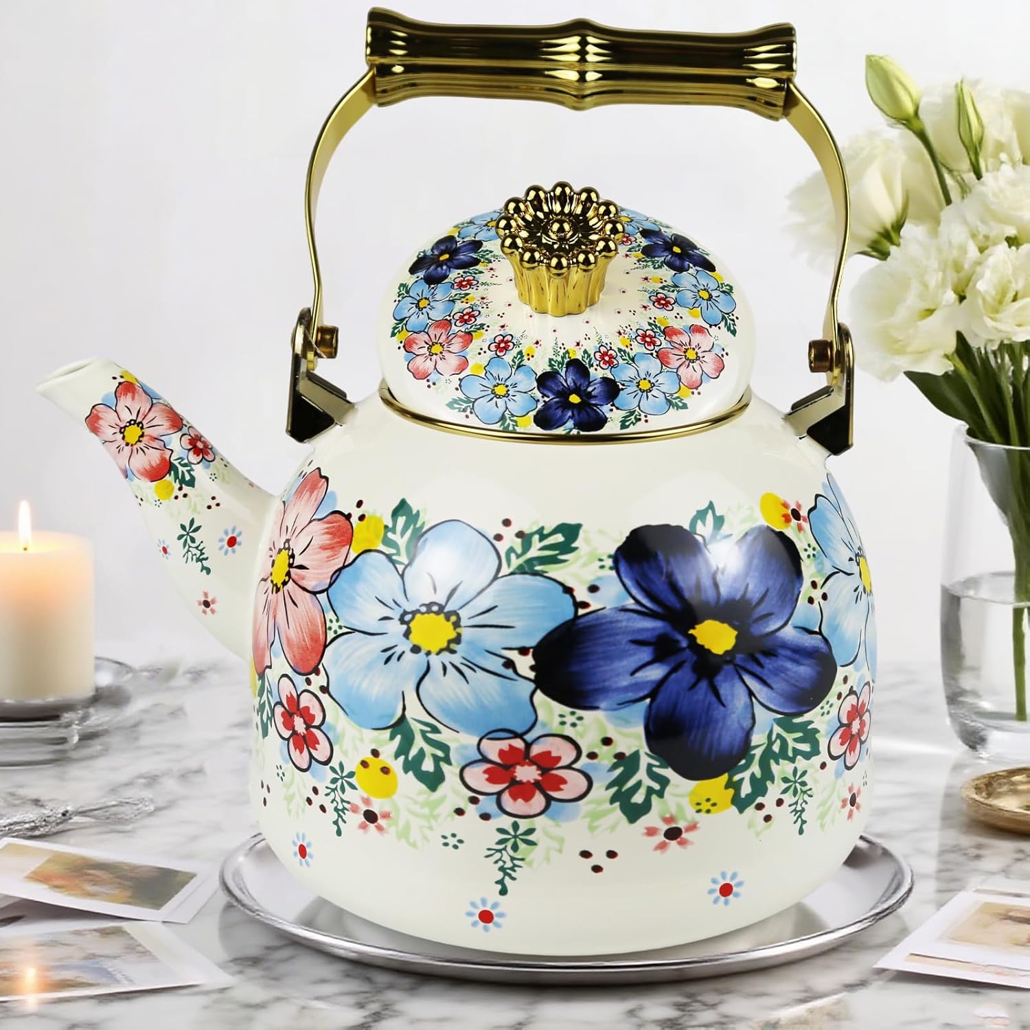 Vintage Enamel Tea Kettle, Blue Floral Pattern Stovetop Teapot with Gold Handle, 2.5L Enamel Kettle Kitchen Decor, Ideal Gift for Housewarming Camping Coffee Pot