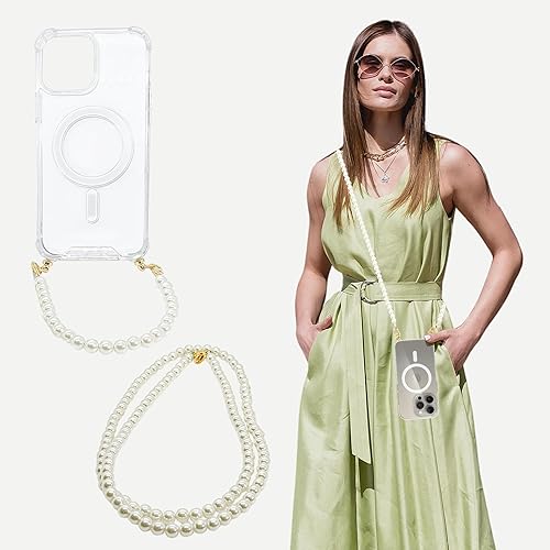 Aporia - iPhone 12 Pro Max - Magsafe Funda transparente con dos juegos de muñequeras + correas cruzadas de perlas extraíbles  Compatible con carga