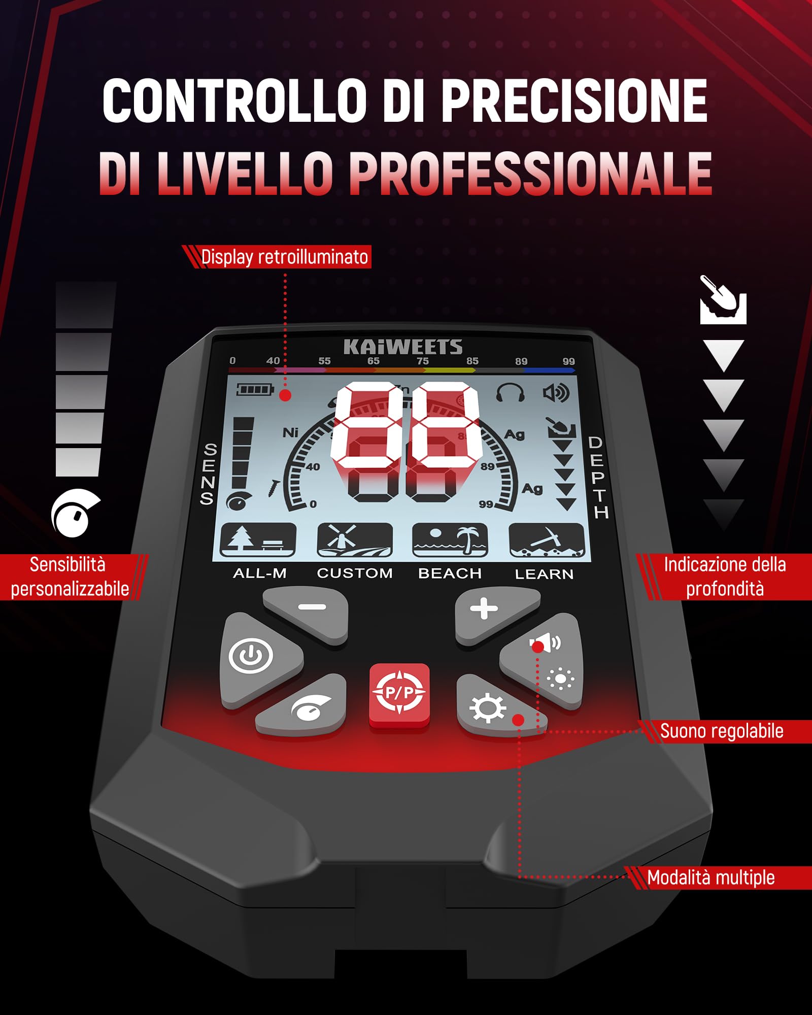 KAIWEETS Metal detector Professionale, 5 Modalità, Bobina DD Impermeabile IP68, Asta Telescopica Compatta, Ricaricabile Detector con LCD Retroilluminato, mit Pala, Cuffie e Copertura Antipioggia